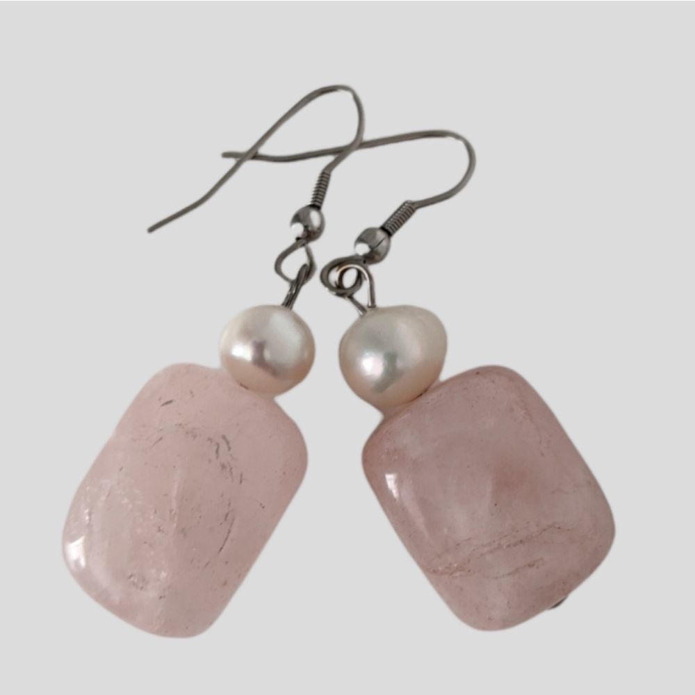 Vintage Hand Made Pink Quartz and Pearl Dangle Earrings